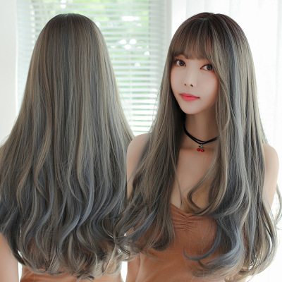 Amazon New Japanese and Korean Wig Female Foreign Trade Long Curly Hair Realistic Chemical Fiber High-Temperature Fiber Wig Head Cover Wholesale