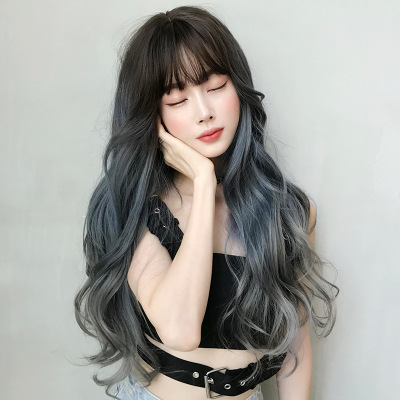 Cross-Border New Arrival Wig Female Long Hair Big Wave Gradient Blue Gray Full-Head Wig Online Influencer Pop Whole Top Hair Cover Wholesale