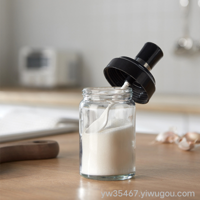 Y19-1503 Kitchen Set Spoon and Lid Integrated Oiler Salt Jar Gourmet Powder Household Glass Seasoning Box Combination