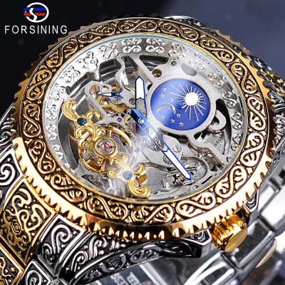 New Forsining European American Style Men's Fashion Hollowed-out Vintage Engraving Automatic Mechanical Watch