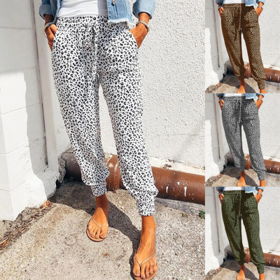 2021 Summer New European and American Women's Clothing Ankle-Tied Trousers Amazon EBay Loose Leopard Print Printing Drawstring Casual Pants