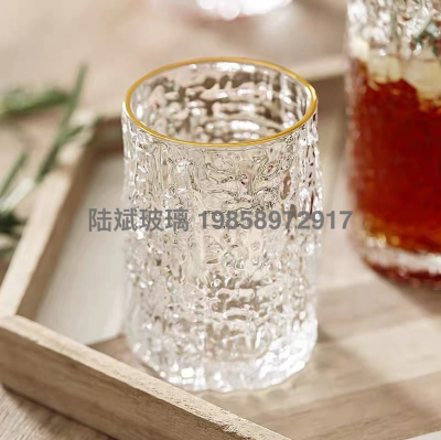 Simple Internet Celebrity Hammered Pattern Golden Trim Glass Anti-Scald Heat-Resistant Household Tea Cup Personalized Milk Bubble Drink Cup