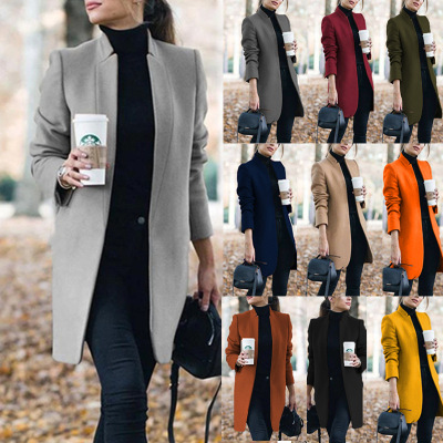 2020 Amazon EBay Autumn and Winter New European and American Fashion Solid Color Stand Collar Woolen Coat