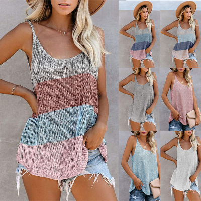 Summer 2021 Europe and America Cross Border Amazon Knitted Vest Contrast Color round Neck Spaghetti Straps Knitted Women