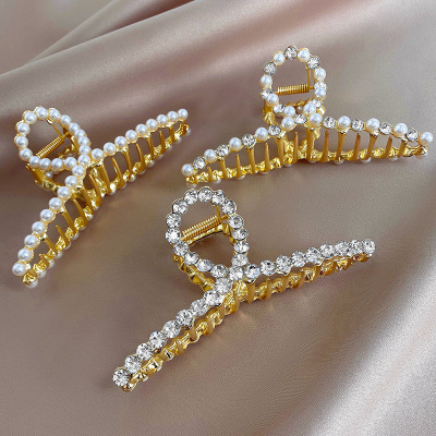 Full Diamond Pearl Metal Barrettes Female Korean Ins Back Head Grip Large Shark Clip Simple Net Red Head Hair Accessories