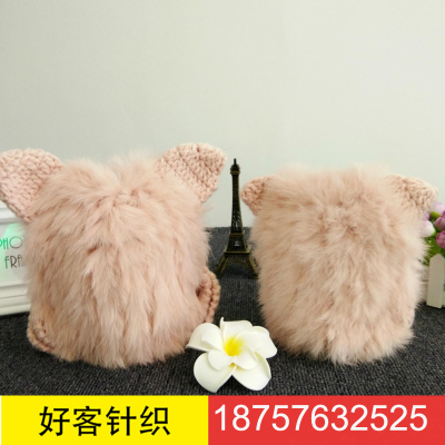 Knitted Wool Hat Cute Horn Panda Ear Earmuffs Hat New Parent-Child Korean Style Handmade Rabbit Fur