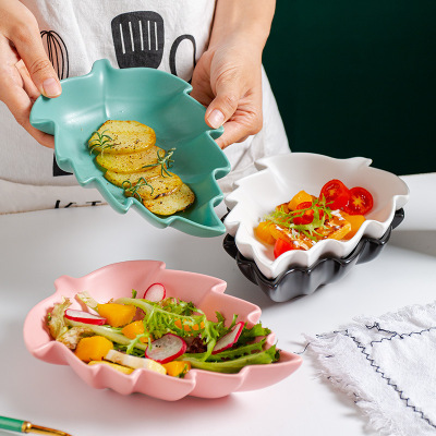 Factory Wholesale Nordic Color Glaze Creative Leaf Shape Baking Bowl Household Irregular Breakfast Plate Fruit Salad Bowl Foreign Trade