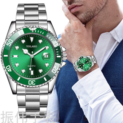 Yolako Popular Green Water Ghost Watch Men's Hot Sale Steel Belt Watch Band Calendar High-End Quartz Watch Men's Watch