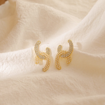 Sterling Silver Needle Korean Internet Hot Pearl Diamond Cross Temperament High-Grade Ear Studs Earrings for Women