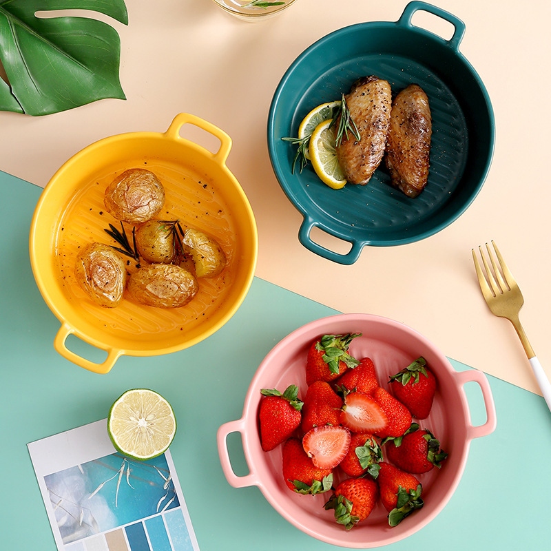 ins日式色釉陶瓷汤碗创意饭碗沙拉碗简约双耳泡面碗酒店家用餐具