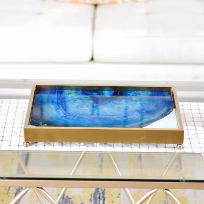 Nordic Light Luxury Metal Agate Stone Pattern Tray Decoration Tea Tray Coffee Table Storage Storage Ornament Model Room Soft Decoration Decoration