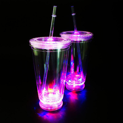 New LED Luminous Cup with Straw Bar Atmosphere Supplies Flash Cup 500ml Double-Layer Drink Straw Luminous Cup