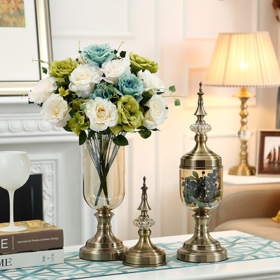 European-Style Retro Furnishings Soft Decoration Artificial Flower Arrangement Glass Vase Creative Model Room Living Room Crafts Ornaments