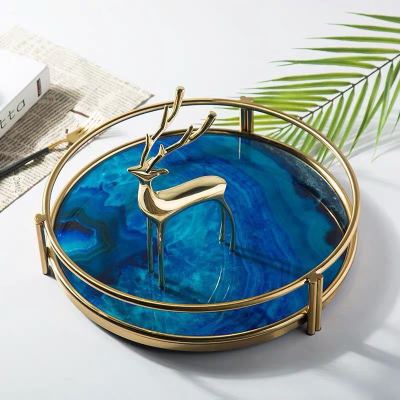 Nordic European Entry Lux Metal Blue Agate Stone Grain round Tray Cosmetics Storage Tray Coffee Table Jewelry Display