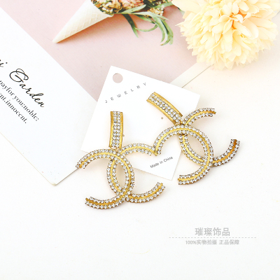 Korean Dongdaemun Graceful Online Influencer Same Style Double C Design Zircon Silver Needle Classic Style French Earrings Light Luxury Fashion