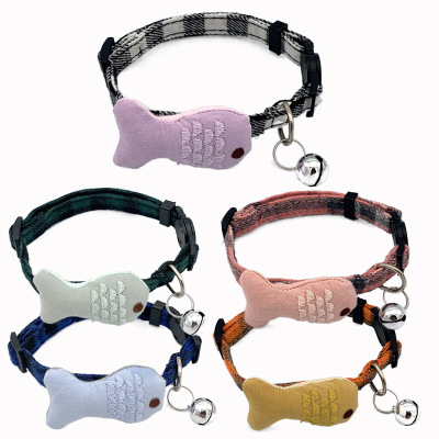 2021 New Small Fish Plaid Collar Pet Bell Collar Bow Patch Cat Buckle Cat Dog Collar