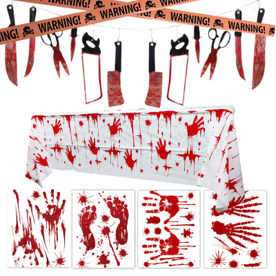 Cross-Border Halloween Haunted House Horror Decoration Blood Handprint Window Stickers Blood Knife Hanging Flag PVC Tablecloth Suit Wholesale Customization