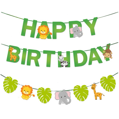Cartoon Jungle Animal Theme Birthday Pulling Banner Lion Elephant Happy Birthday Banner Wholesale Customization