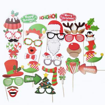 Cross-Border 32-Pack Christmas Photo Props Santa Claus Snowman Elk Funny Photography Beard Glasses Mask