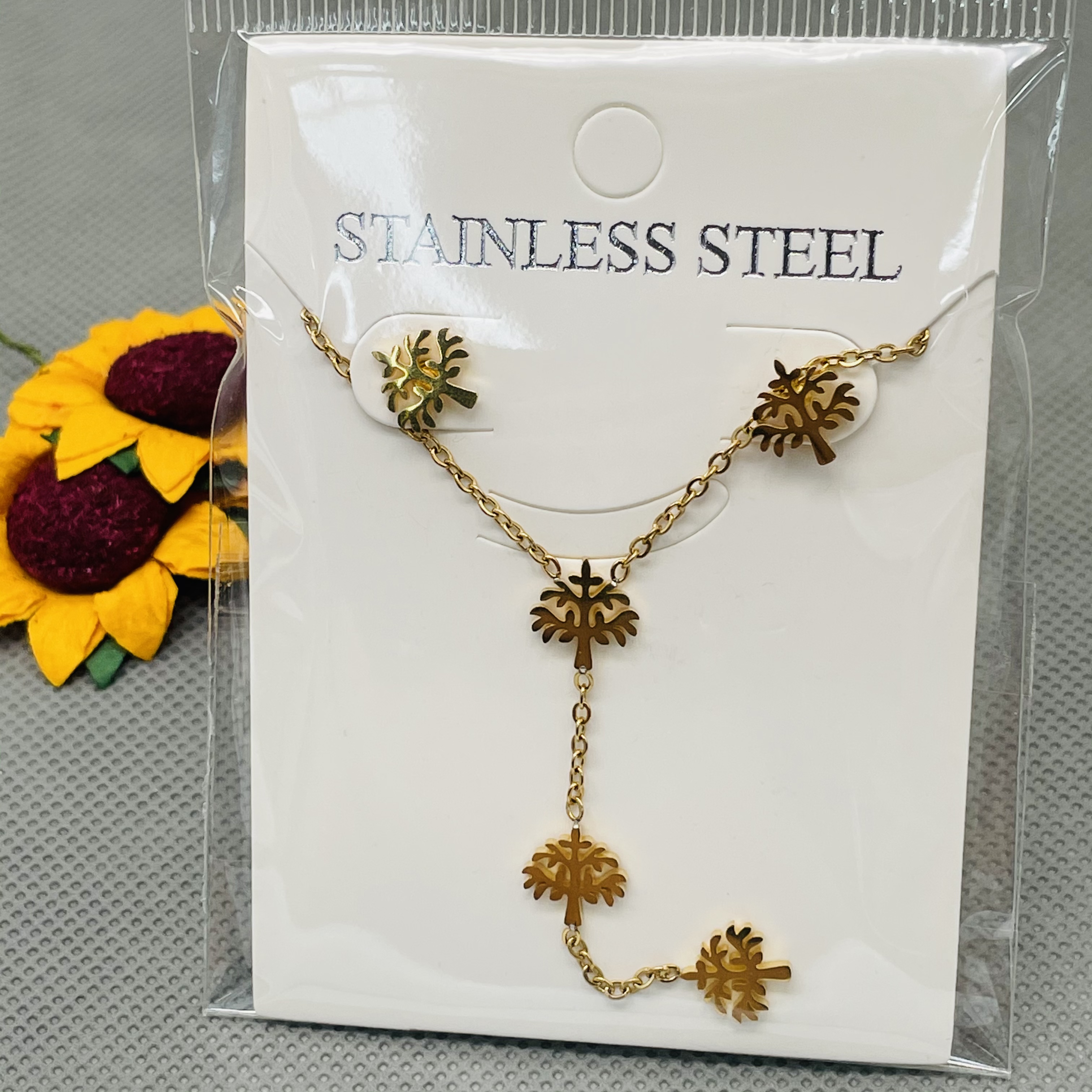 气质款 花 太阳 雨和你 不锈钢金色潮流三件套装 吊坠 耳钉