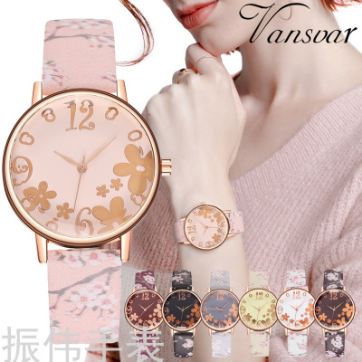 Korean Fashion Women's Printed Belt Casual Watch Simple Ultra-Thin Digital Dial Quartz Watch in Stock