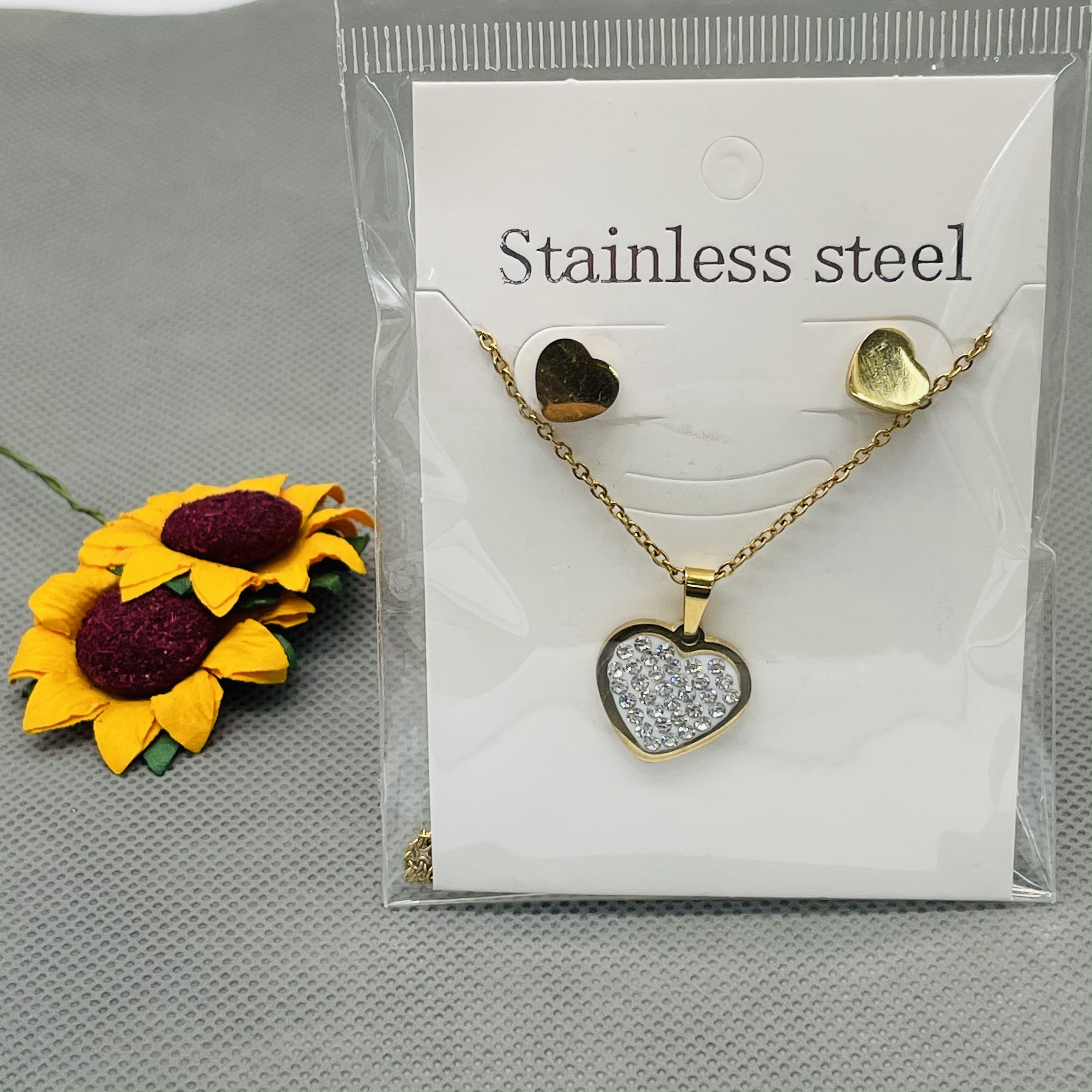 气质款 花 太阳 雨和你 不锈钢金色潮流三件套装 吊坠 耳钉