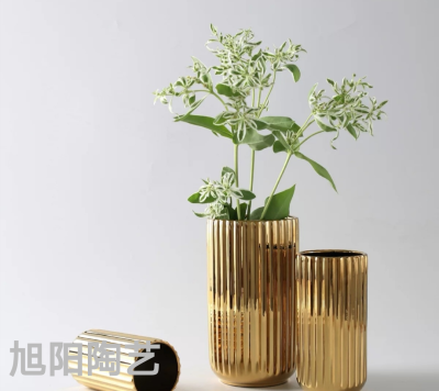 Nordic Simple Marbling Ceramic Vase Creative Gold-Plated Dried Flower Artificial Flower Flower Home Decoration