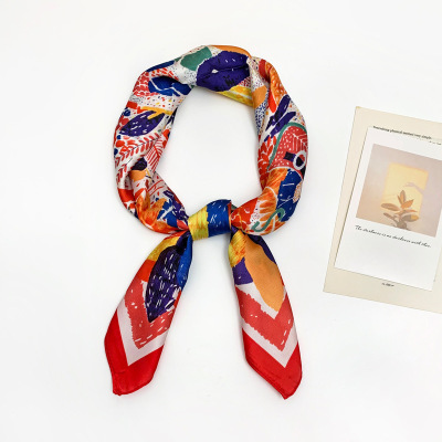 2021 Popular Korean Style Scarf Crayon Flower Satin Artificial Silk 70 Square Scarf Elegant Scarf Spring and Summer Scarf Wholesale