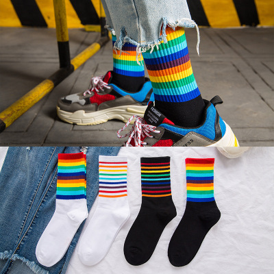 Rainbow Bar Socks Women's Korean Style Long Spring and Autumn Cotton Instagram Mesh Red Tide Socks All-Match High-Top Men's and Women's Same Socks