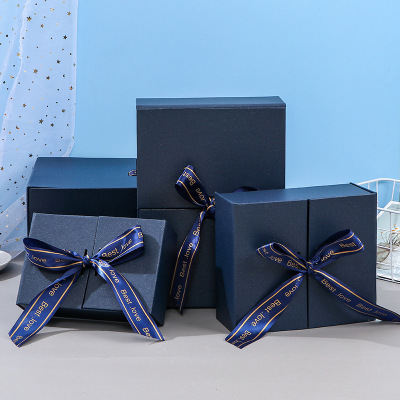 Exquisite Belt Lipstick Perfume Cosmetics Packing Box Blue Double Open Gift Box Wedding Towel Gift Box