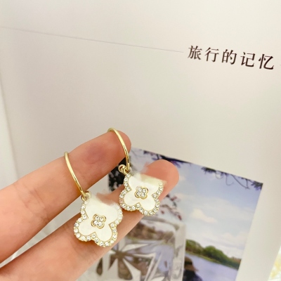 Korean-Style Lucky Four-Leaf Flower Sterling Silver Needle Earrings New Fashion All-Matching Black & Rhimestone Sweet Earrings Women