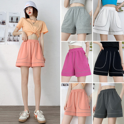 High Waist Track Shorts Women's Cotton Waist-Tied Cropped Pants CEC Summer New Loose Straight Wide-Leg Pants Ins Super Hot