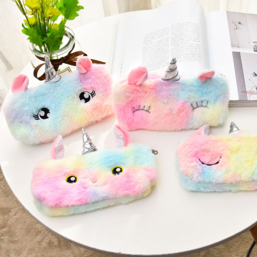 卡通拉链儿童笔袋七彩毛绒简约铅笔盒学生文具盒收纳袋