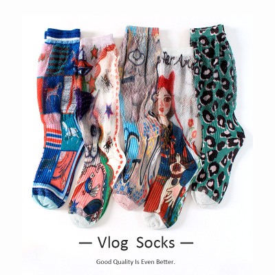 Painted Socks for Women Ins Trendy Calf Socks 3D Printed Graffiti Seersucker Summer Thin Pile Style Tube Socks Long Socks