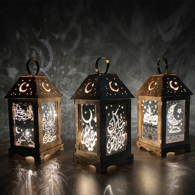 New Ramadan Eid Storm Lantern Wooden Lantern Holiday Light Decoration LED Battery Decorative Light Text Customization