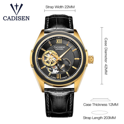 Cadisen Men's Mechanical Watch Hollow Sheet Plate Sapphire Transparent Bottom Waterproof Men's Business Watch