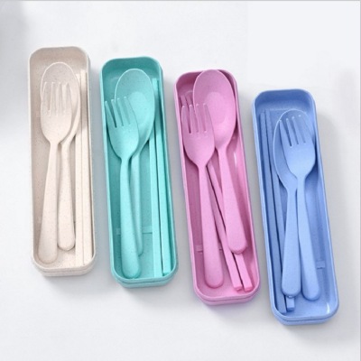 Children's Wheat Straw Tableware Chopstick and Spoon Fork Three-Piece Travel Portable Environmental Protection Tableware Set Wholesale