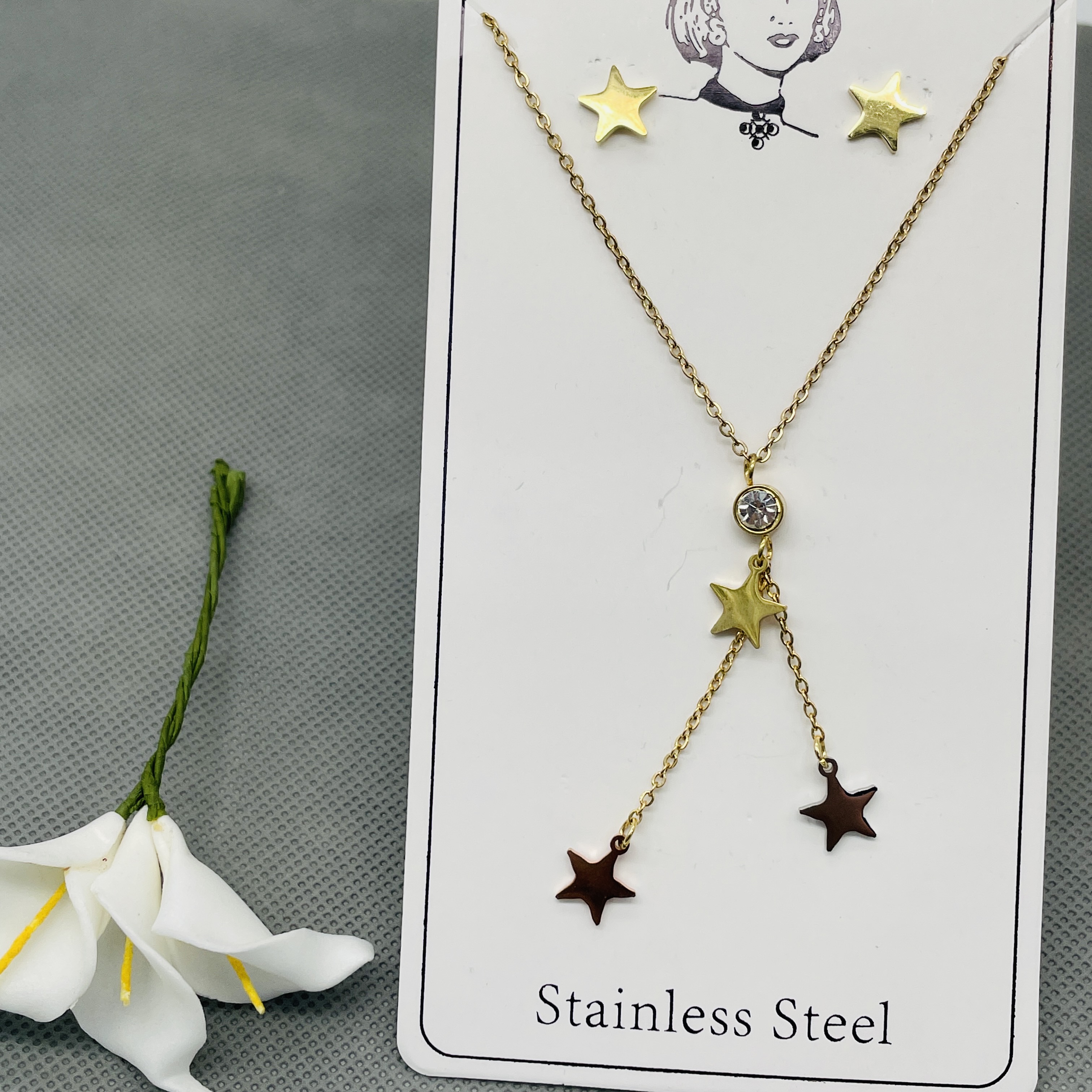 气质款 花 太阳 雨和你 不锈钢金色潮流三件套装 吊坠 耳钉