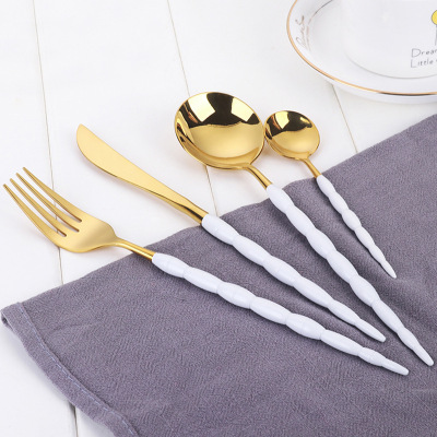 Cross-Border Supply White Handle Powder Handle Titanium Bamboo Joint Portuguese Tableware 304 Stainless Steel Knife, Fork and Spoon Steak Knife