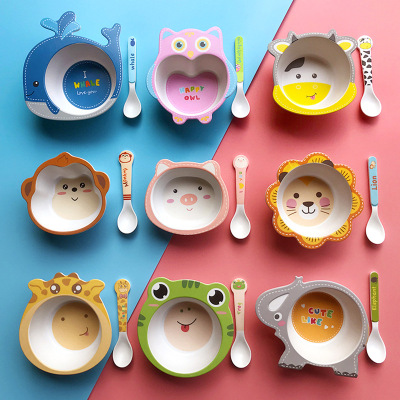 Cute Cartoon Bamboo Fiber Children Bowl Spoon Set Household Eating Baby Dining Bowl Children's Food Supplement Rice Bowl Soup Bowl