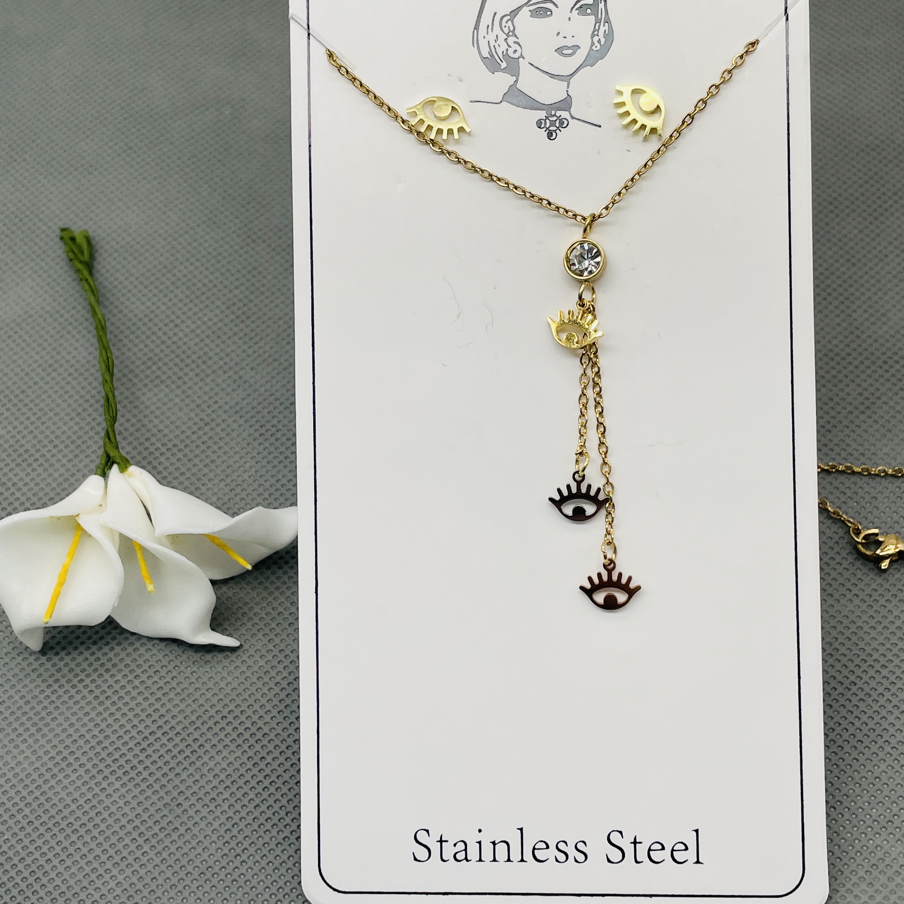 气质款 花 太阳 雨和你 不锈钢金色潮流三件套装 吊坠 耳钉