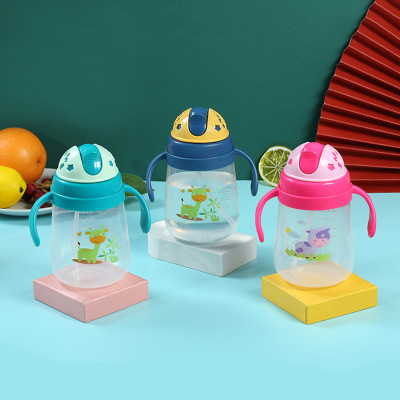 Children's Straw Water Pot Flip Cartoon Plastic Handle Cup Baby Drop-Resistant Drinking Water No-Spill Cup Portable Cup Wholesale