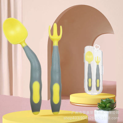 Baby Twist Spoon and Fork Set Fruit Fork Baby Exercise Spoon Bend Fork and Spoon Gift Storage Box