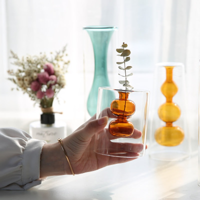 Simple DoubleLayer Colored Glass Vase Creative Transparent Vase Desktop Decoration Personality Hydroponic Flower Pot