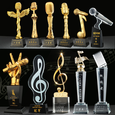 Good Sound Crystal Trophy Custom Music Note Singing Microphone Host Speech Contest Prize Lettering