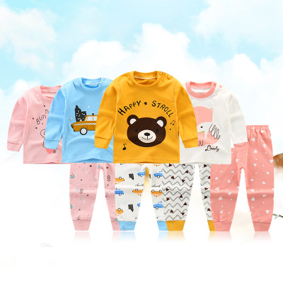 20 Spring, Autumn and Winter Candy Color Matching Children's Underwear Suit Shoulder Button Medium and Large Children's Long Sleeve Autumn Clothes Long Pants Cotton Home Wear
