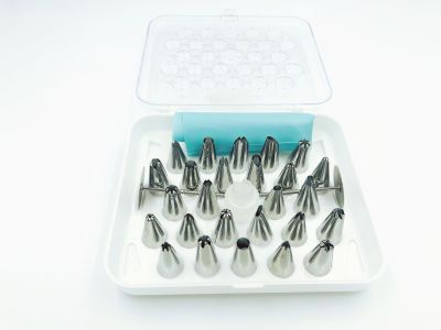 Boxed Stainless Steel 430 Decorating Nozzle Small 30-Piece Set 26 Tip Bracket Connector Silica Gel Pastry Bag Blue