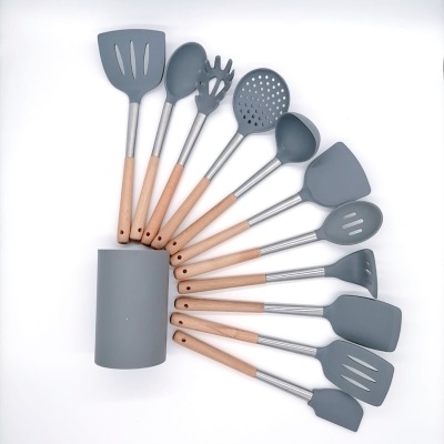 Amazon Hot Sale Beech Handle Silicone Kitchenware 11-Piece Set Kitchen Tools Ladel Non-Stick Pan Set