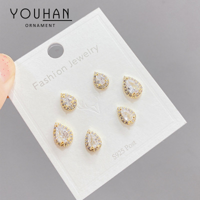 Japan and South Korea Sterling Silver Needle One Card Multi-Pair Earrings Three Pairs Finely Inlaid Stud Earrings Women's Real Gold Plating Slimming Earrings Wholesale