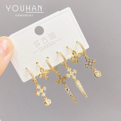 High-Grade Light Luxury One Card Three Pairs Ear Clip Women's Micro Inlaid Zircon Cross Earrings Electroplated 14K Ornament